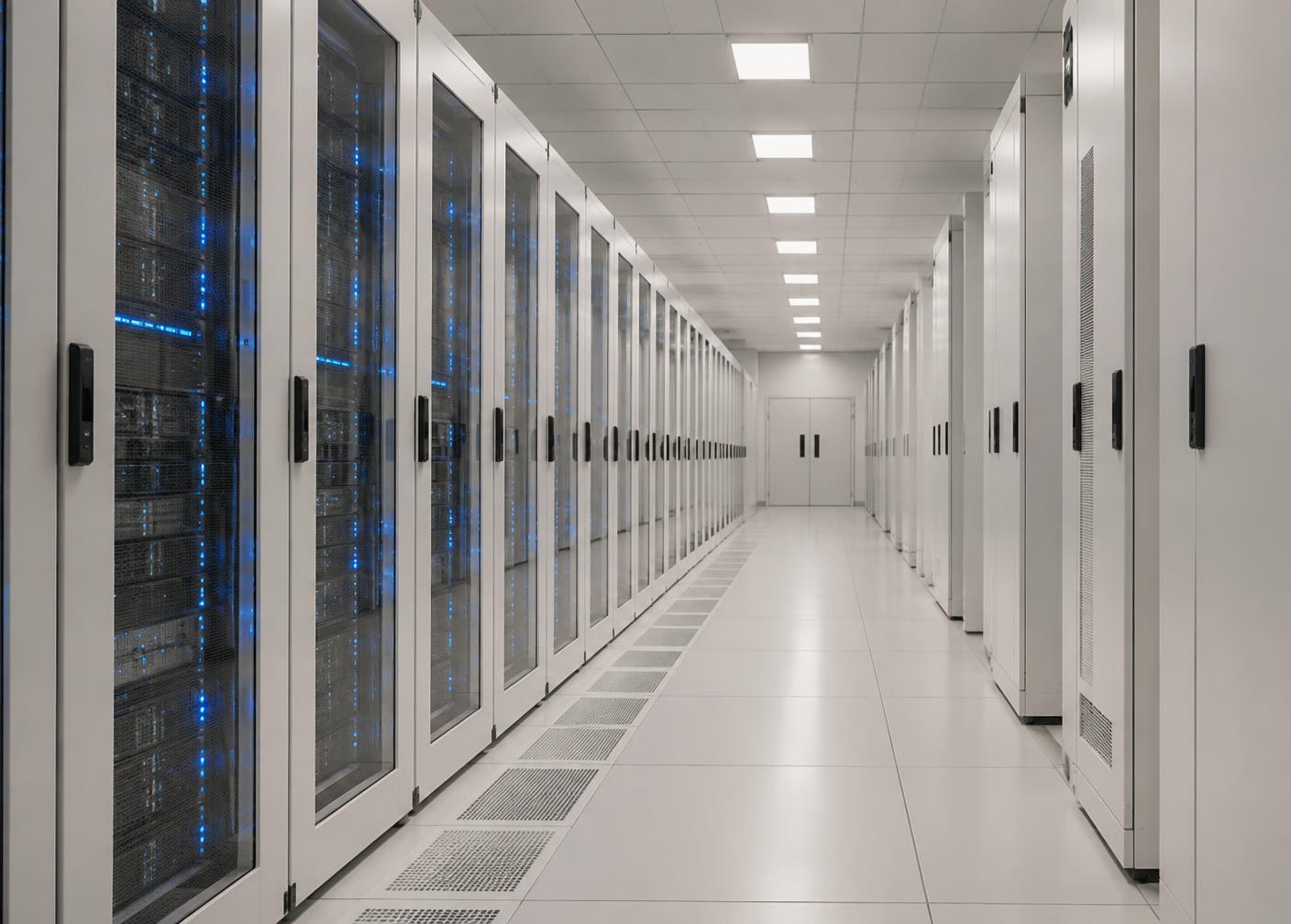 A clean data centre corridor lined with server cabinets showing blue status indicators