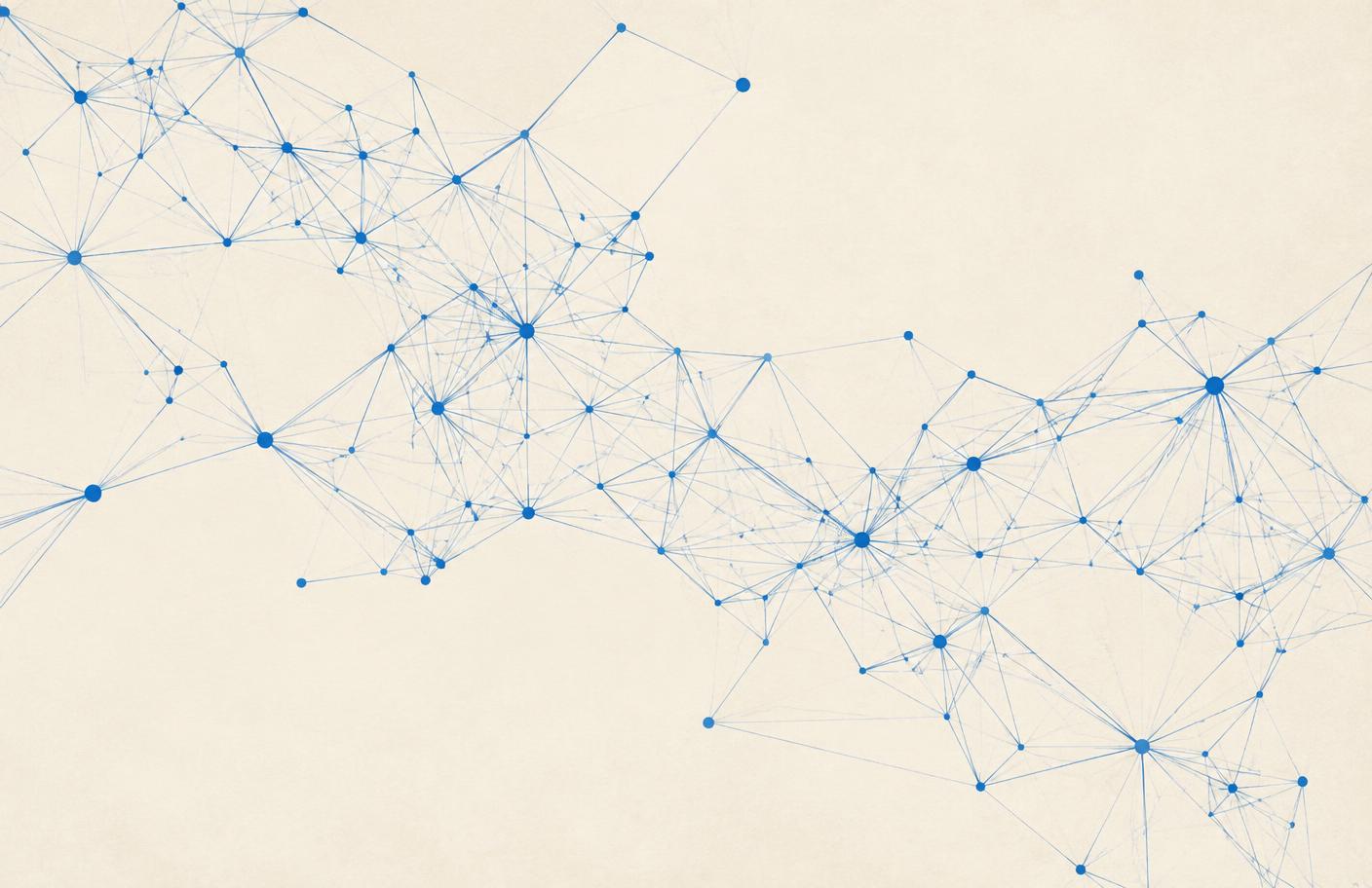 Abstract diagram of blue nodes connected by fine lines on an ivory background
