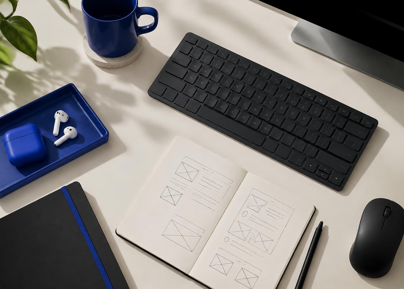 A desk with a keyboard, a notebook containing interface wireframe sketches and a blue tray